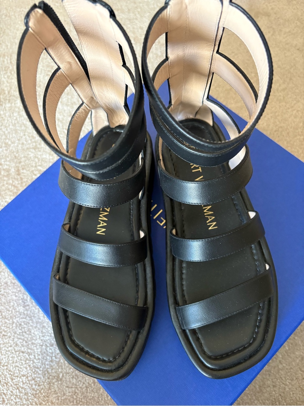 Stuart Weitzman Black Multi-Strap Leather Ankle Sandals